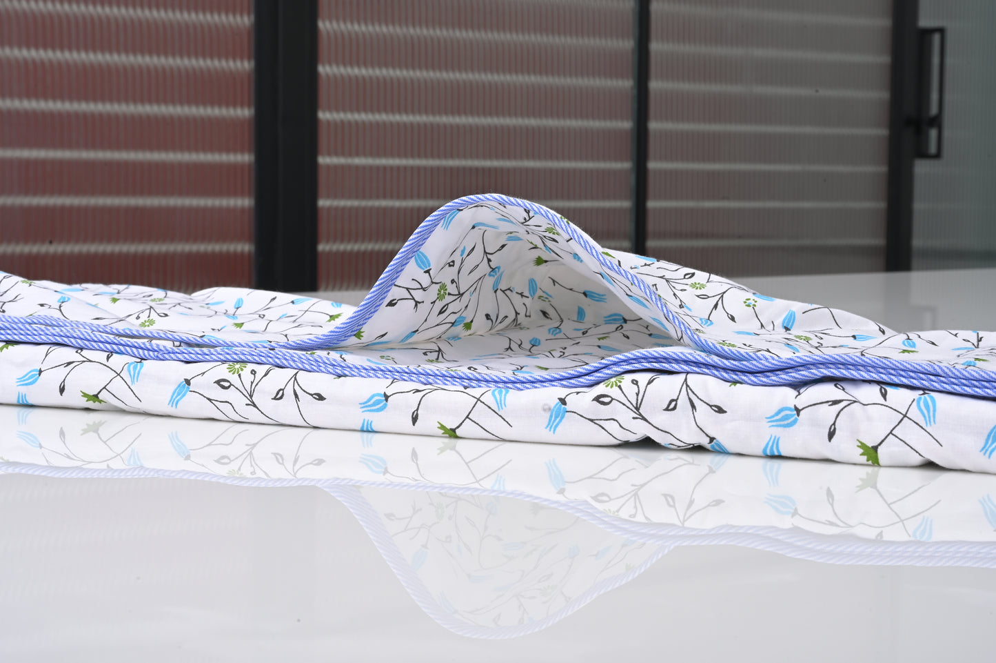 Single & Double Bed 100% 60s Cotton Cambric AC Dohar White Edition (Small Green & Blue Flowers)