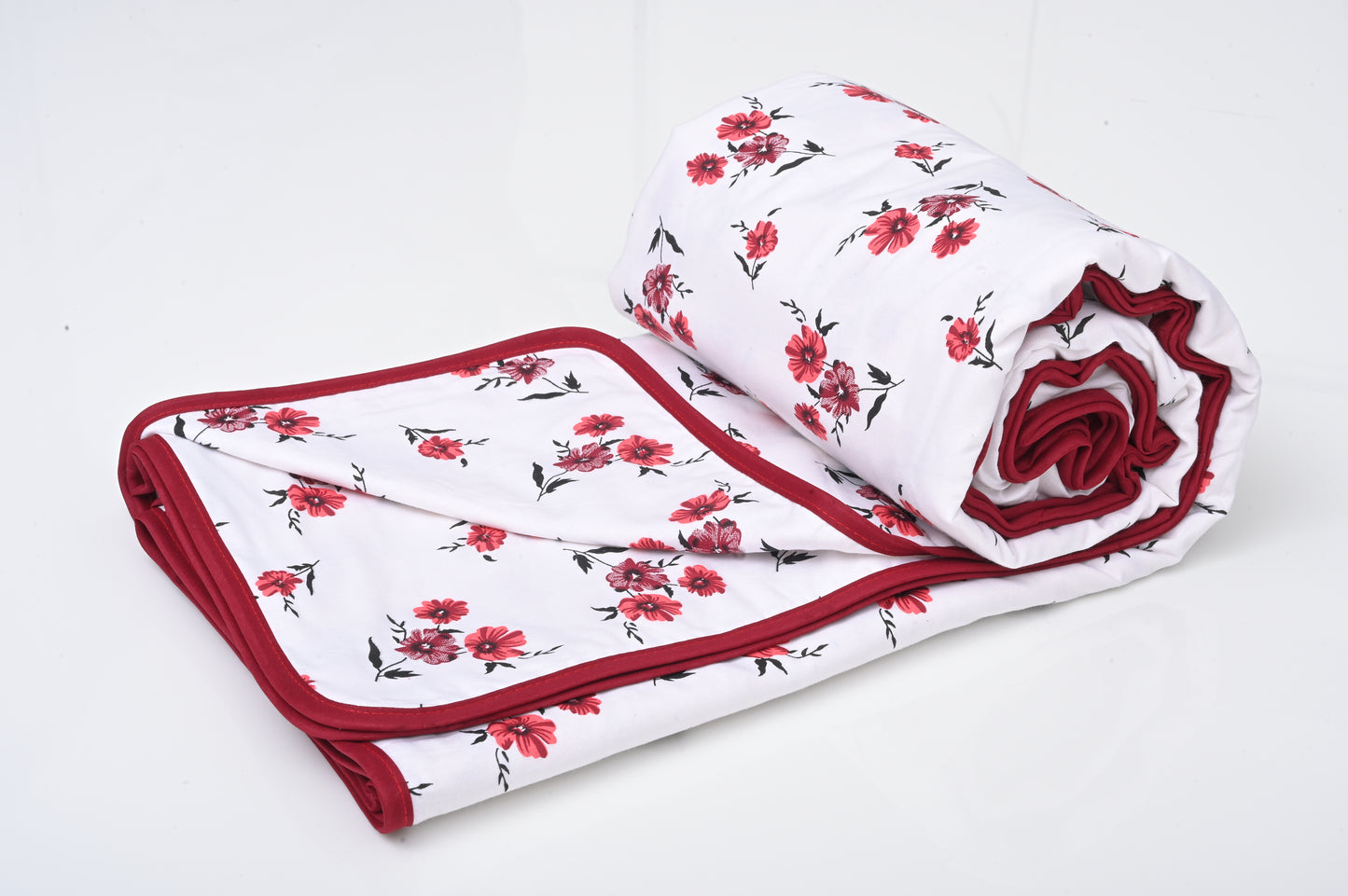 Single & Double Bed 100% 60s Cotton Cambric AC Dohar White Edition (Red Flower Motifs)