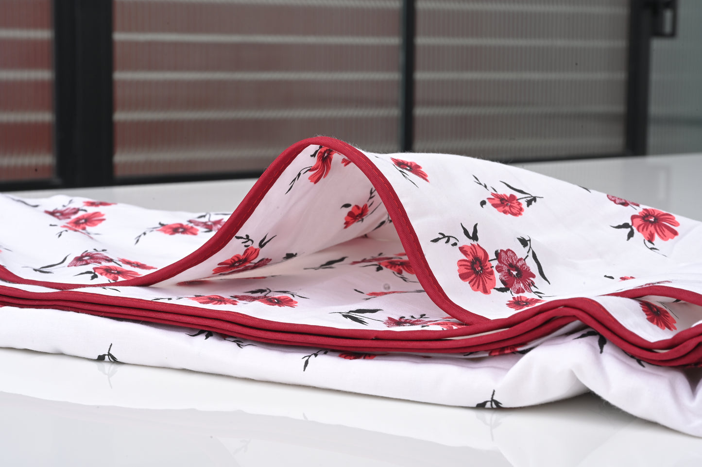 Single & Double Bed 100% 60s Cotton Cambric AC Dohar White Edition (Red Flower Motifs)