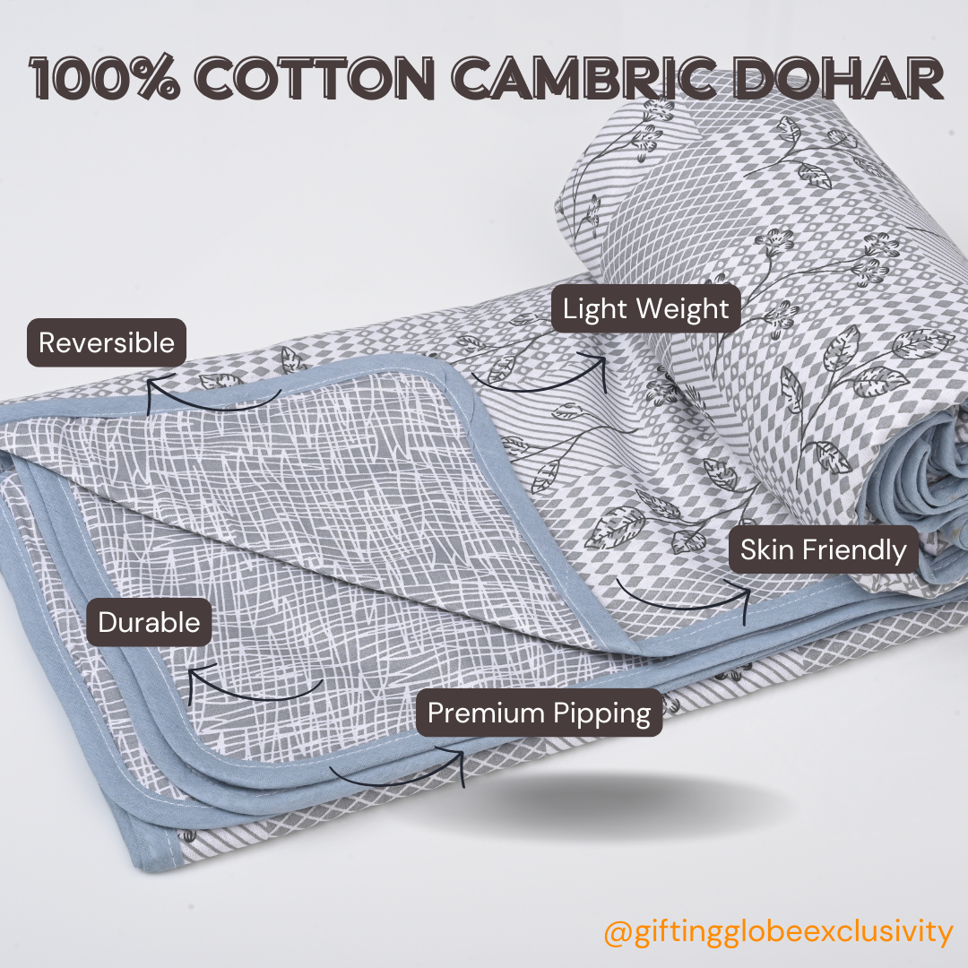 Single & Double Bed 100% Cotton Cambric AC Dohar with Floral Abstract Pattern (Grey)