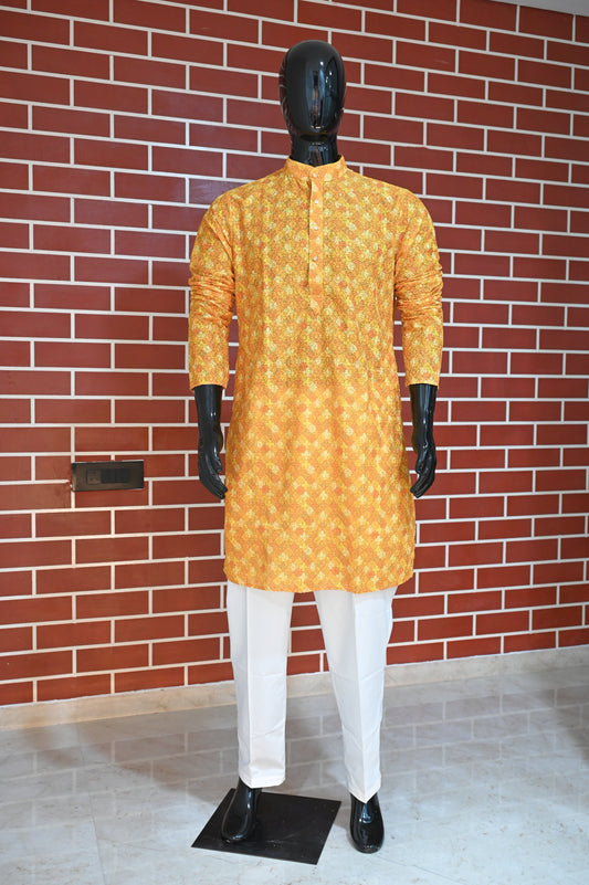 Rajwadi Embroidery Sequence Men's Kurta Yellow