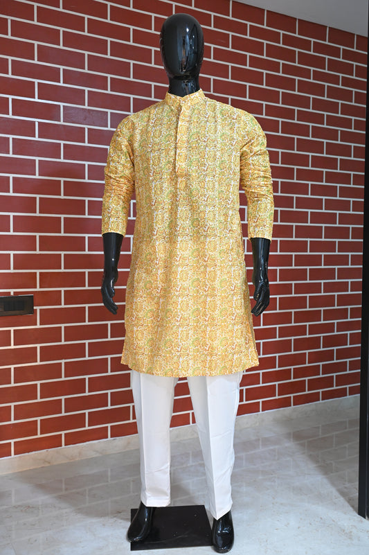 Rajwadi Embroidery Sequence Men's Kurta Floral Yellow