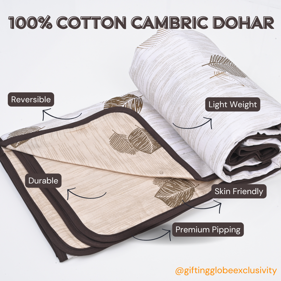Single & Double Bed 100% Cotton Cambric AC Dohar with Leaf Pattern (Brown)