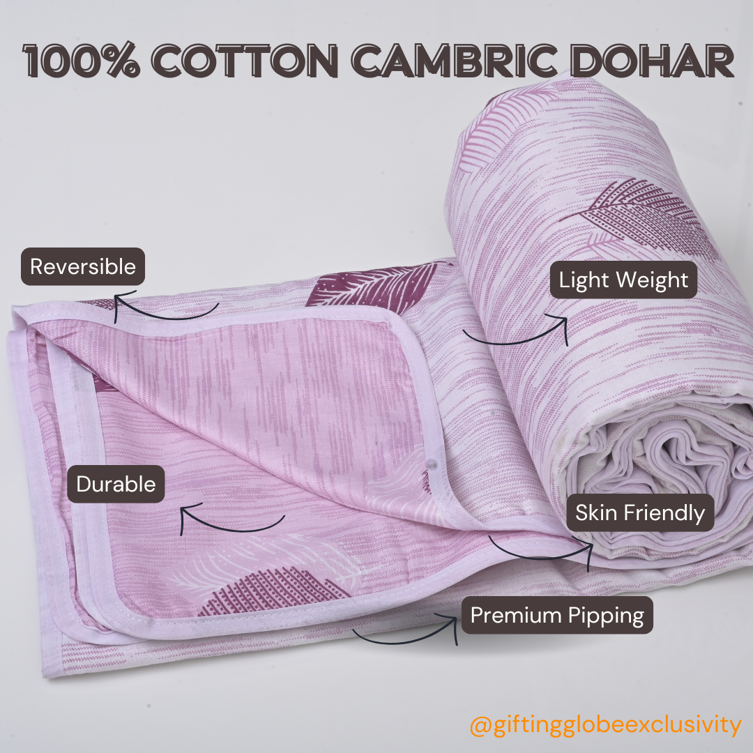 Single & Double Bed 100% Cotton Cambric AC Dohar with Leaf Pattern (Pink)