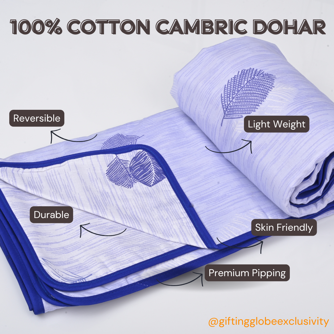 Single & Double Bed 100% Cotton Cambric AC Dohar with Leaf Pattern (Indigo)