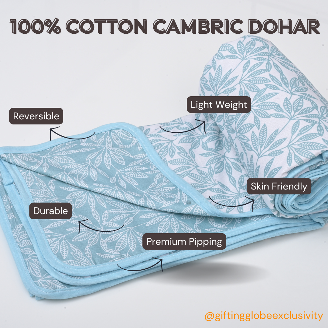 Single & Double Bed 100% Cotton Cambric AC Dohar with Small Leaves Pattern, Blue Color