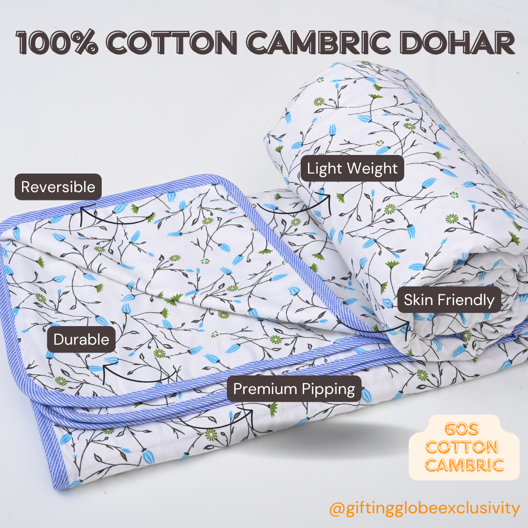 Single & Double Bed 100% 60s Cotton Cambric AC Dohar White Edition (Small Green & Blue Flowers)
