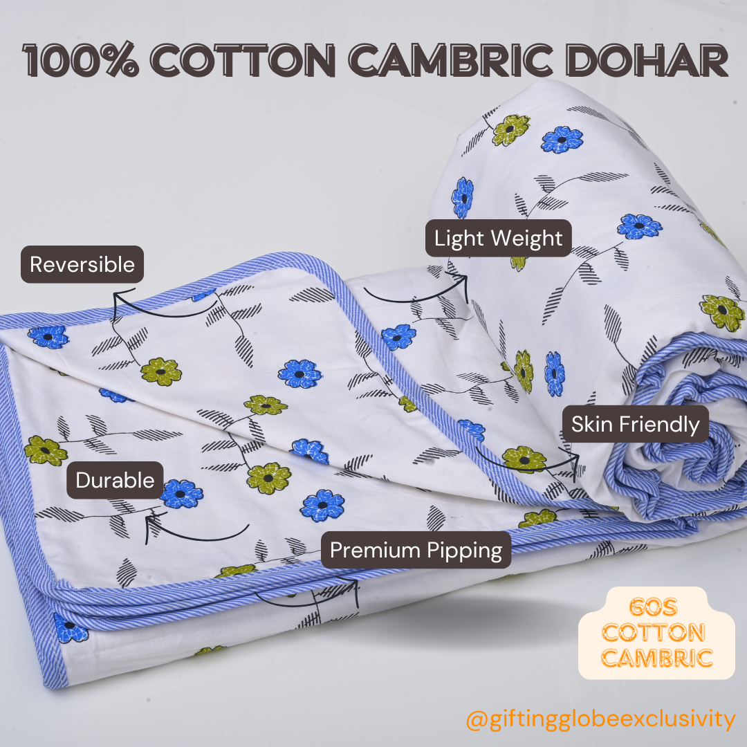 Single & Double Bed 100% 60s Cotton Cambric AC Dohar White Edition (Green & Blue Flower Motifs)