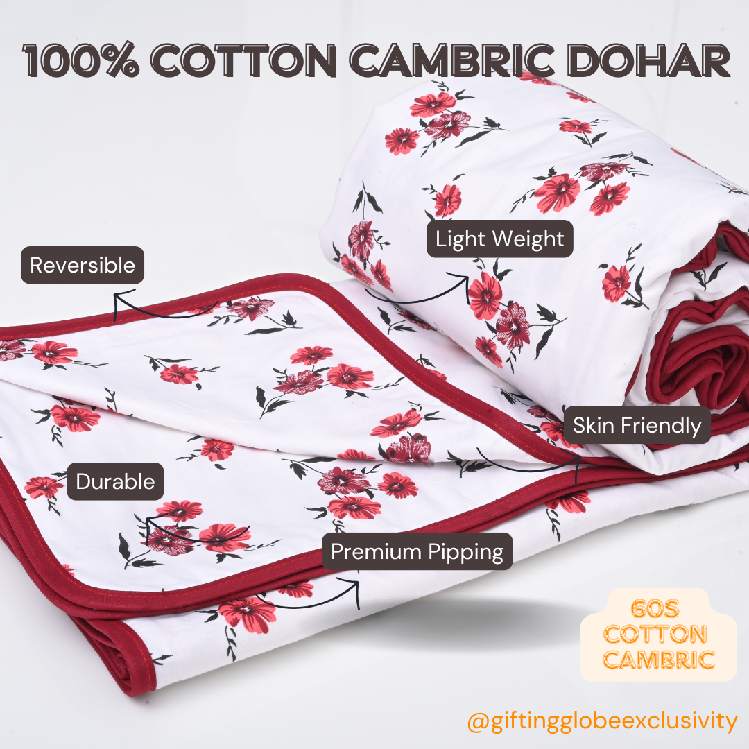 Single & Double Bed 100% 60s Cotton Cambric AC Dohar White Edition (Red Flower Motifs)