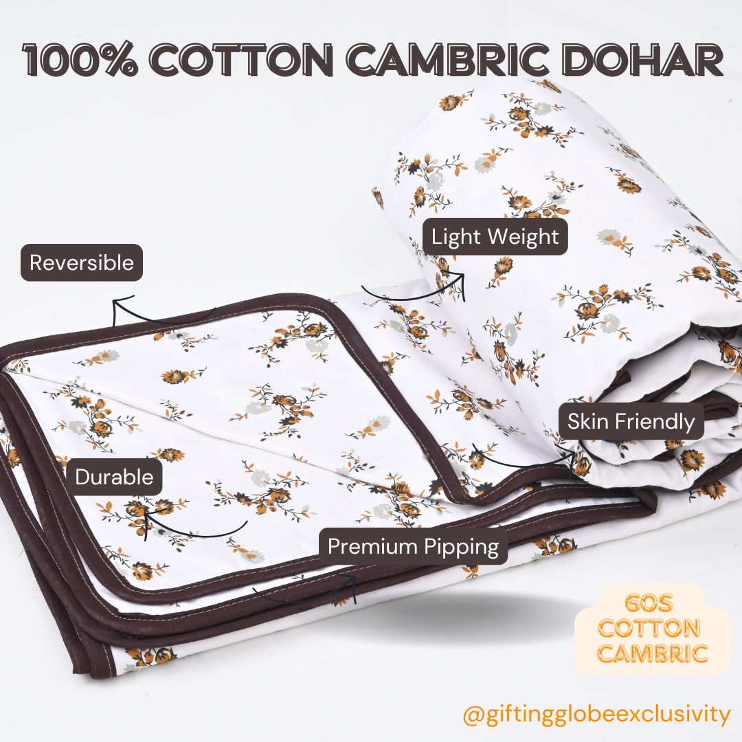 Single & Double Bed 100% 60s Cotton Cambric AC Dohar White Edition (Flower Motifs)