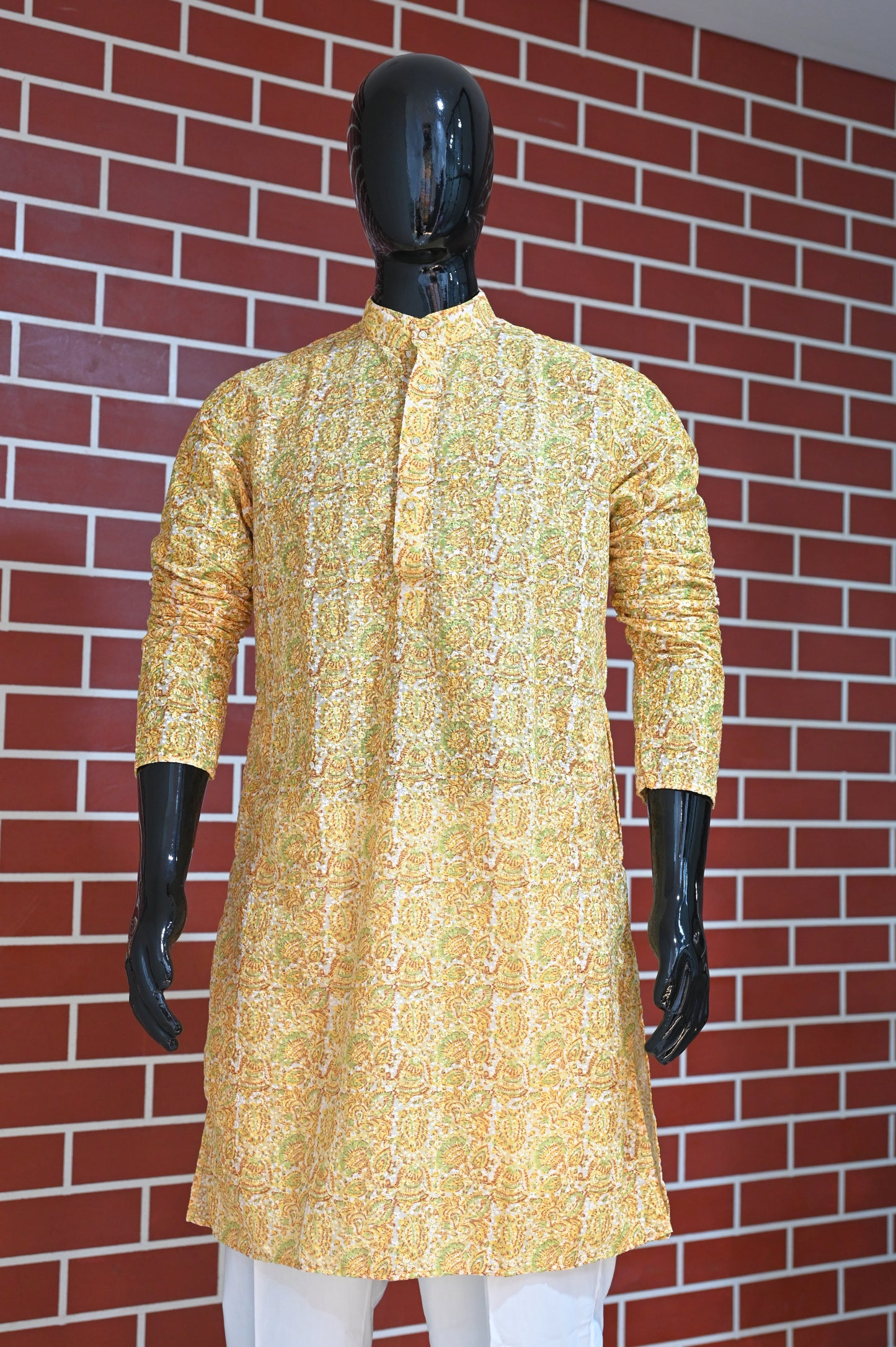 Rajwadi Embroidery Sequence Men's Kurta Floral Yellow