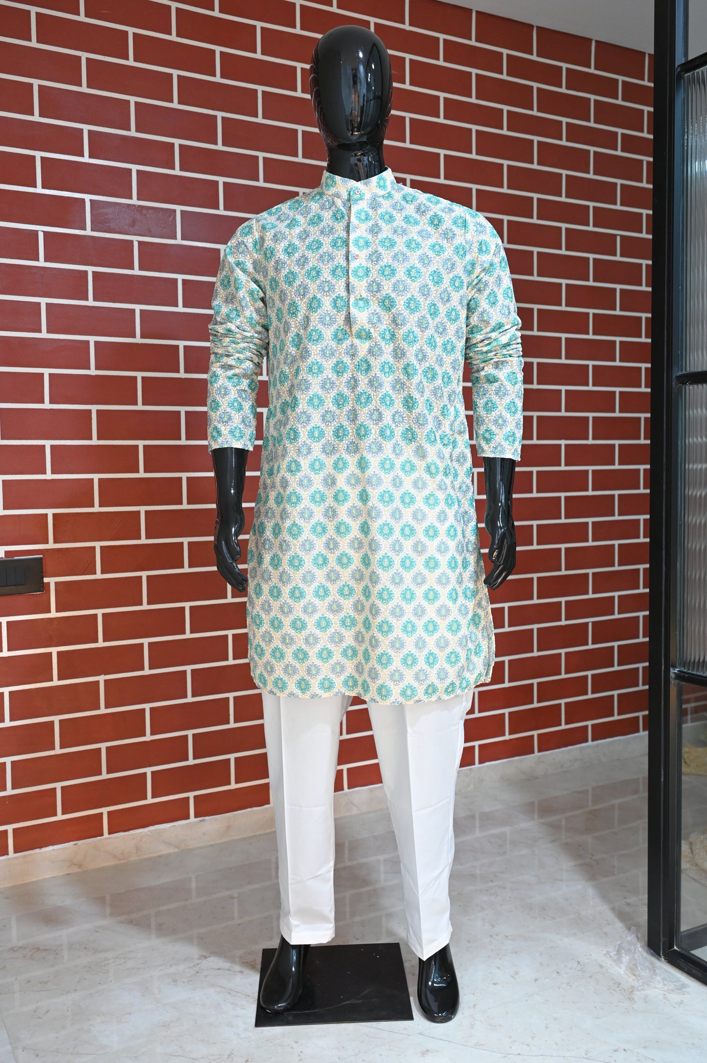 Pastel Blue Rajwadi Embroidery Sequence Men's Kurta