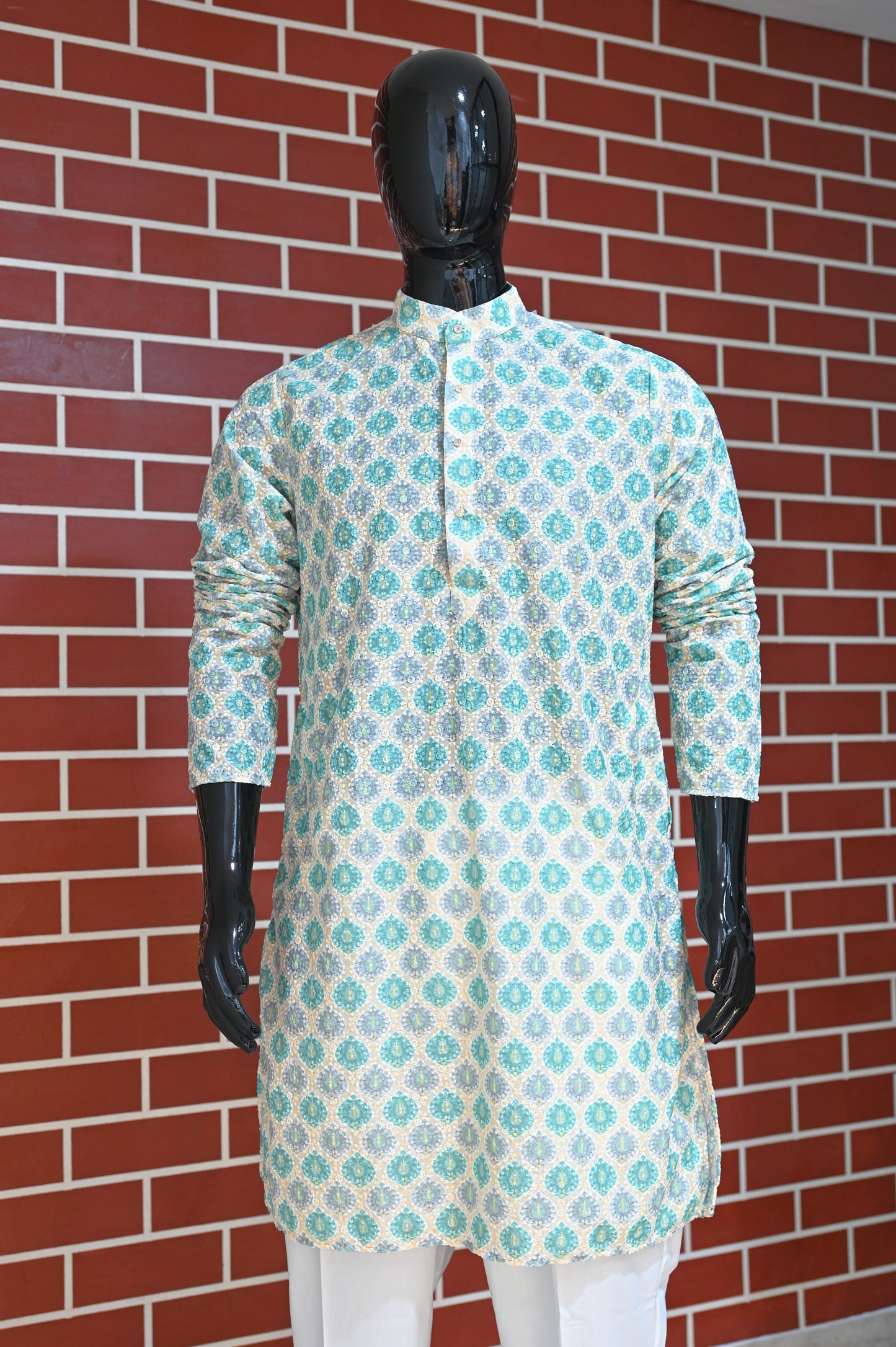 Pastel Blue Rajwadi Embroidery Sequence Men's Kurta