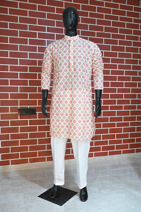 Pastel Pink Rajwadi Embroidery Sequence Men's Kurta