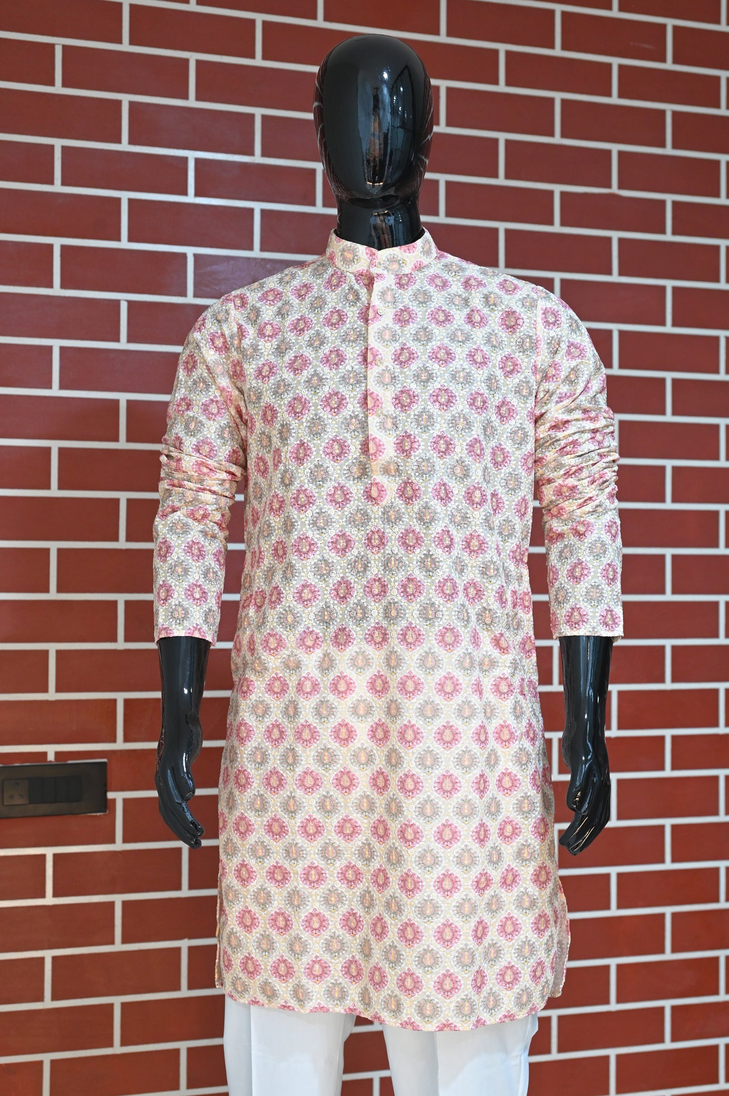 Pastel Pink Rajwadi Embroidery Sequence Men's Kurta