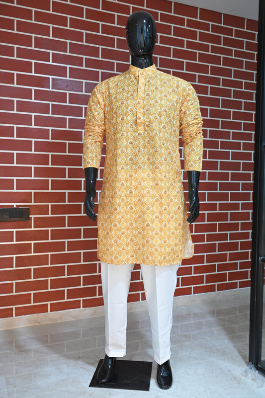 Sunshine Yellow Rajwadi Embroidery Sequence Men's Kurta