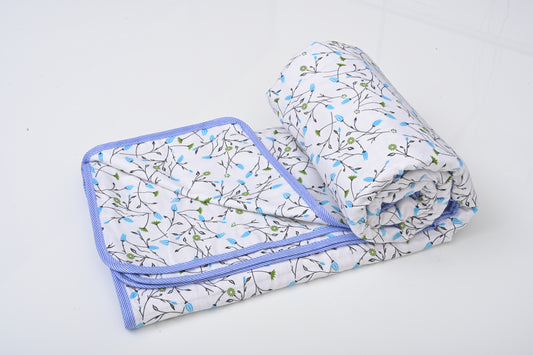 Single & Double Bed 100% 60s Cotton Cambric AC Dohar White Edition (Small Green & Blue Flowers)