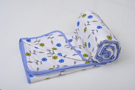 Single & Double Bed 100% 60s Cotton Cambric AC Dohar White Edition (Green & Blue Flower Motifs)