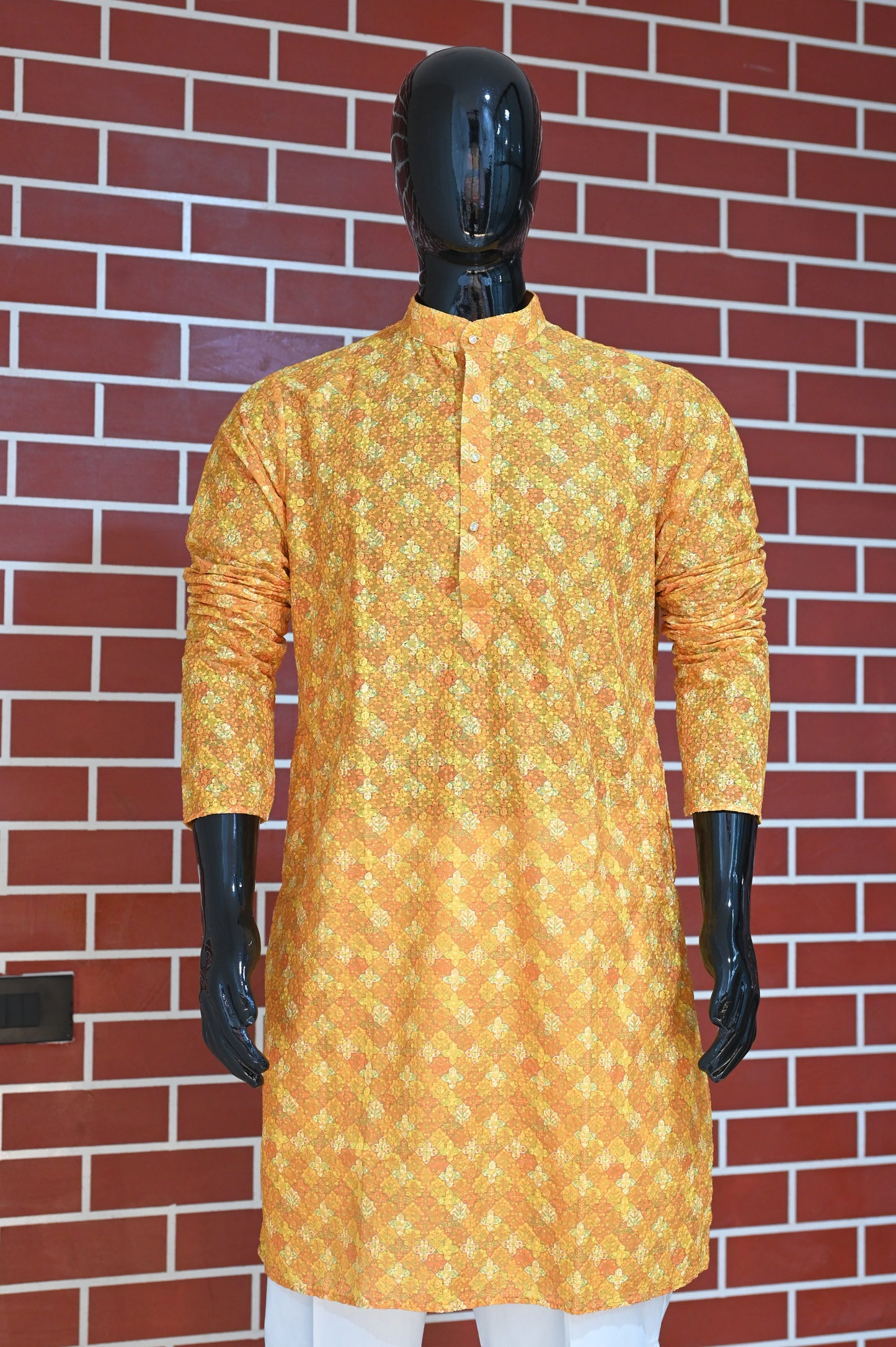 Rajwadi Embroidery Sequence Men's Kurta Yellow